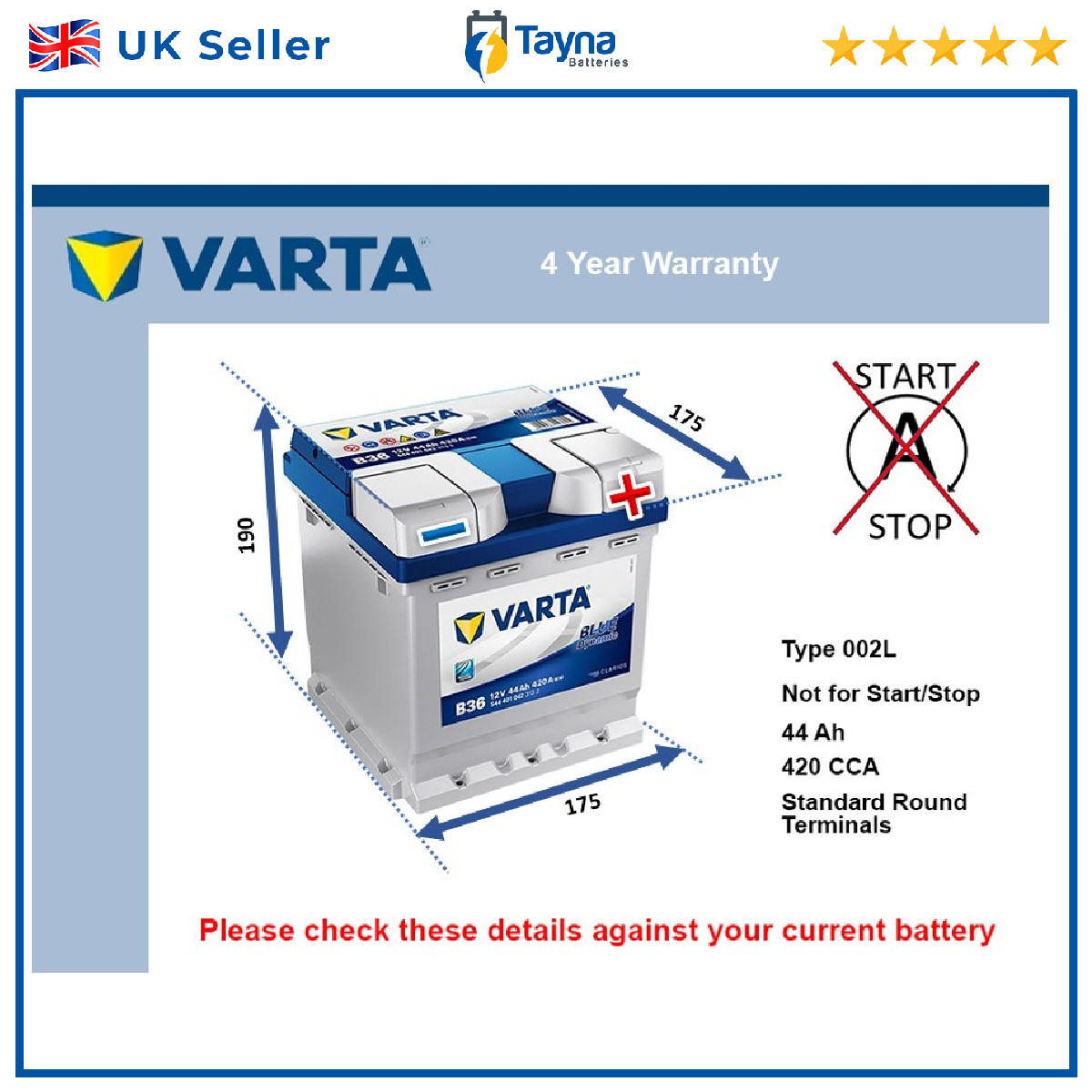 Battery fits FIAT 500 312 1.2 1.4 1.3D 2007 on Varta 002L 420A 44Ah Quality New