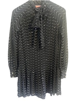 Kate Spade Tie Neck Black Pink Wavy Print Dress Long Sleeve Size 0