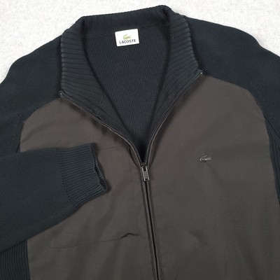 Lacoste Cardigan Sweater Men Large Black Crocodile Cotton Stretch Raglan Preppy
