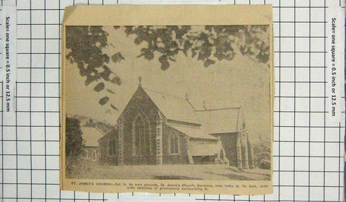 Original Old Antique Print St. James Church Swansea Architecture Greensward