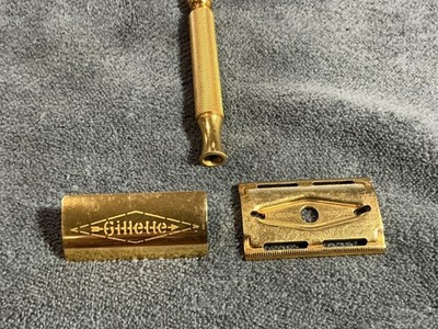 Vintage Gillette 3 Piece Gold Tone Ball End Double Edge Safety Razor 