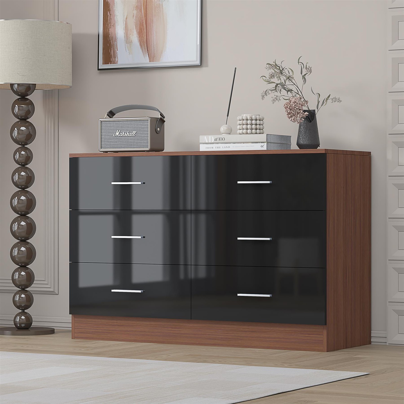 REFLECT 6 Drawer Chest - Black Gloss Fronts & Walnut Matt Carcass - Image 2