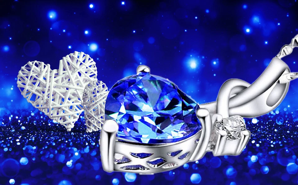 Colar pingente feminino prata esterlina coração simulado safira azul pedra do nascimento - Imagem 3 de 4