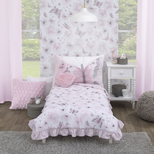 Butterfly 4 Piece Toddler Bed Set Comforter Elastic Edges Comfortable Soft Tone