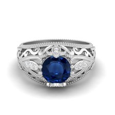 Art Deco Ring 7 MM Round Blue Sapphire 925 Sterling Silver Filigree Women Ring