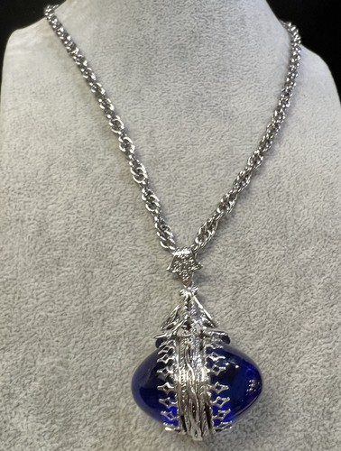HTF Vit. Whiting Davis Necklace fob Pendant BLUE GLASS Egg Shape Silver Tone-019 - Picture 4 of 10