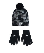 Nike Youth Kids SOFT KNIT STRETCH Pom Beanie Hat  Gloves Set Camo Black