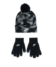 Nike Youth Boys SOFT KNIT STRETCH Pom Beanie Hat & Gloves Set Camo Black Unisex