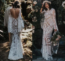 Floral embroidery Boho beach mermaid Wedding Dresses Long Batwing Sleeves