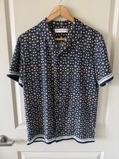 Orlebar Brown Hibbert Fiore Floral Short Sleeve Button-Front Shirt Navy M