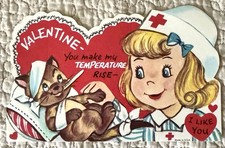 Unused Valentine Girl Nurse Cat Sick Temperature Vtg Greeting Card 1950s 1960s
