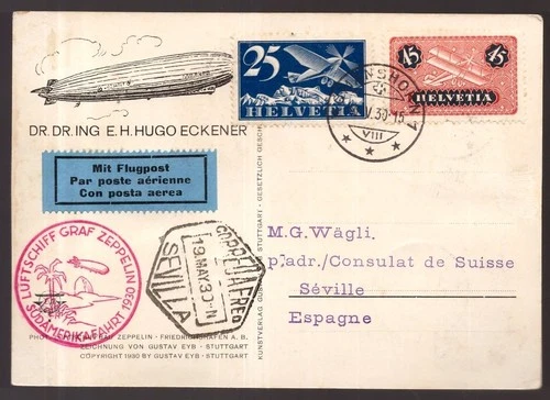 Switzerland, 1930 Zeppelin flown postcard to Spain franked both sides   -IB25