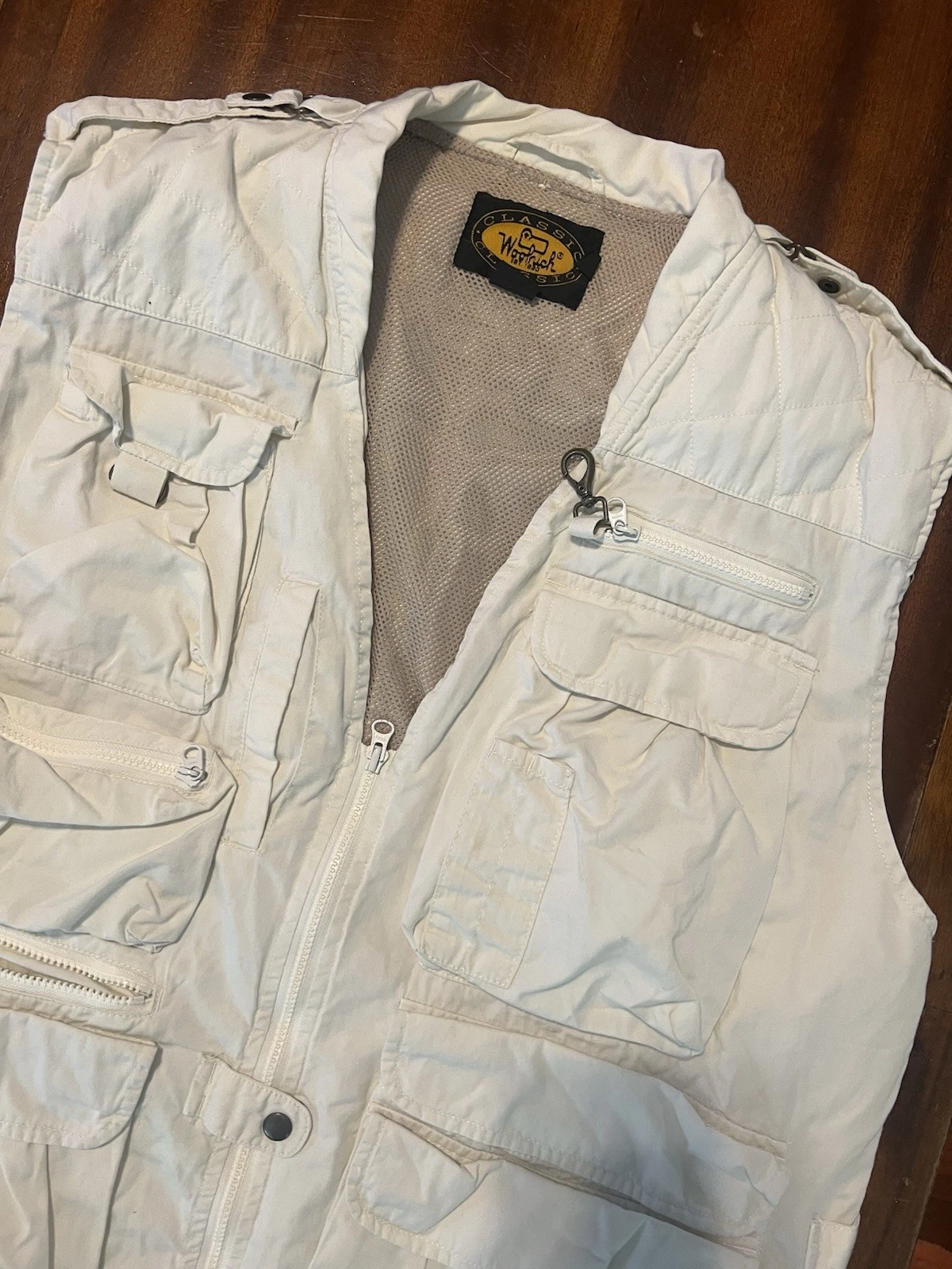 Woolrich Classic Mens XL White Utility Safari Vest Cargo Pockets Workwear