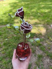 Vintage French Beaded Rose Flower Arrangement in Red Glass Vase Burgundy Green