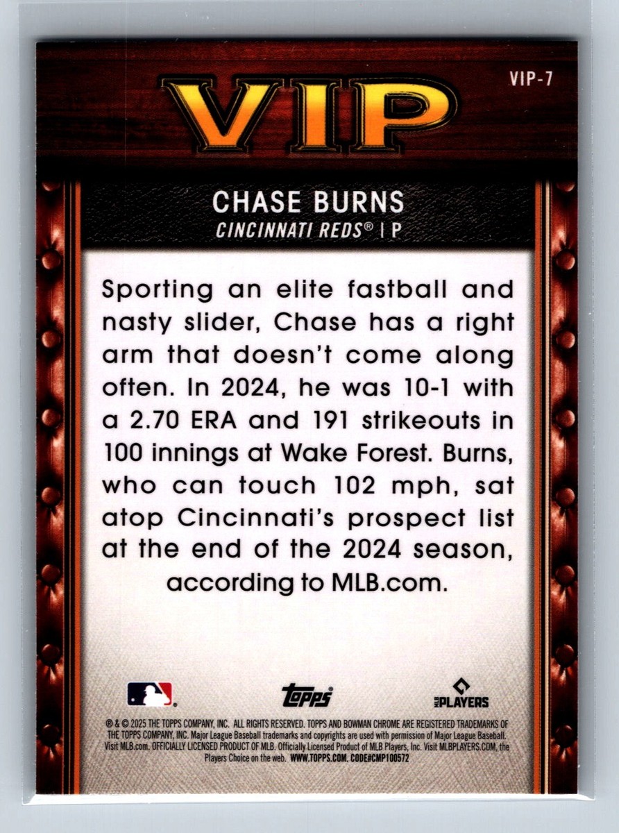 2025 Bowman Baseball Chase Burns Very Important Prospect VIP | eBay