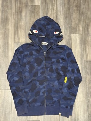 A Bathing Ape Men's Blue Camo PONR Shark Full Zip Hoodie Large