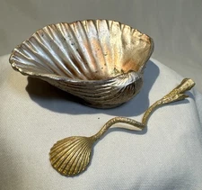 Table Art Seashell Salt Cellar & Spoon - Solid Metal Caviar Dish Tray Ocean VTG