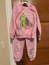 Girls 5T Size 5 The Grinch Outfit 2 Piece Joggers Sweatshirt Sequins Pink Set