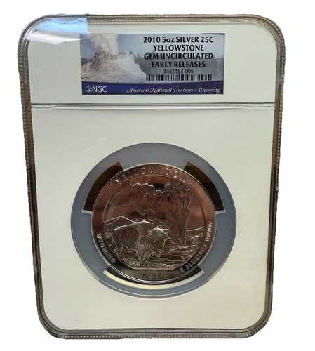 2010 5oz Silver 25c Yellowstone - GEM UNCIRCULATED EARLY RELEASED- NGC