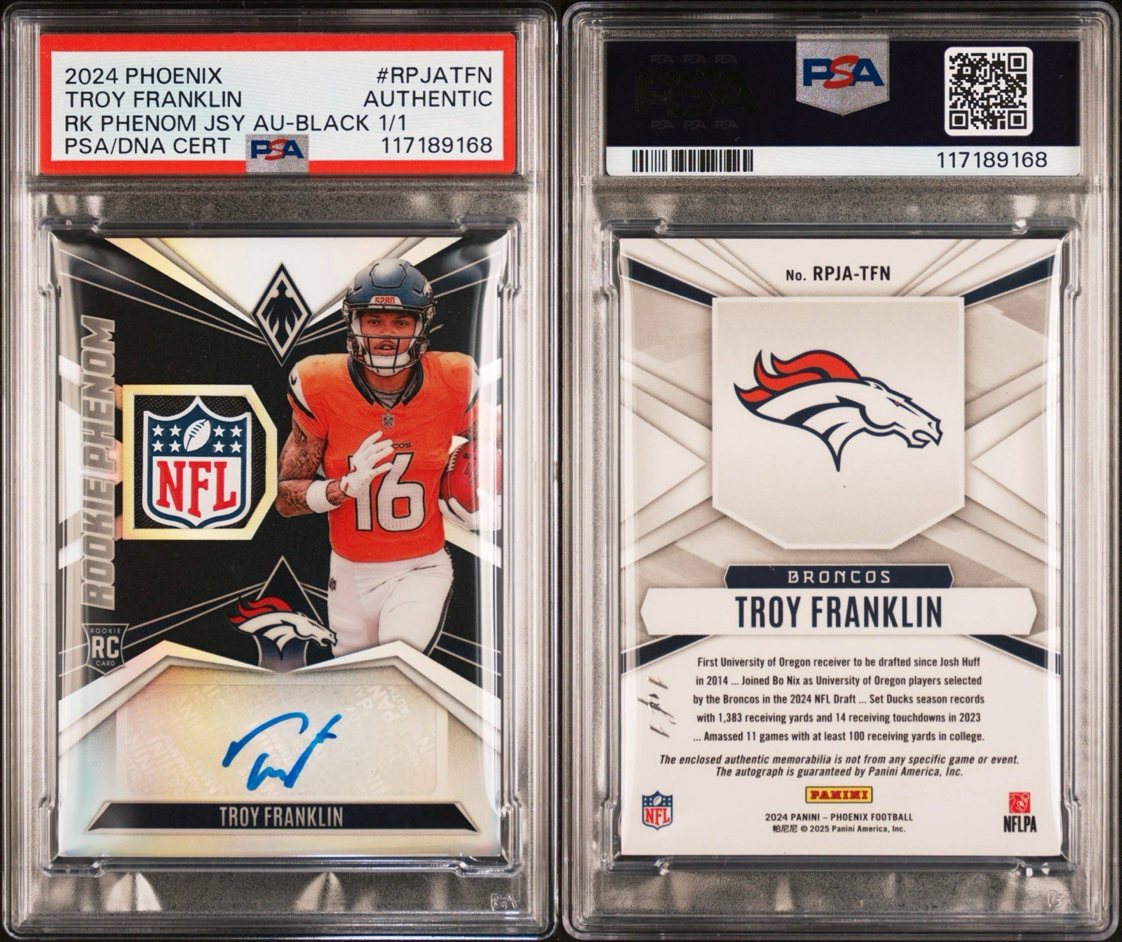 2024 Panini Phoenix Rookie Phenom Black Prizm Shield Troy Franklin 1/1 Auto PSA view 3