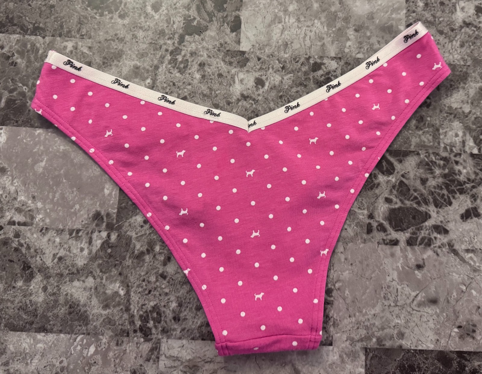 NWT VICTORIA'S SECRET PINK POLKA DOT DOG LOGO BAND V STYLE TANGA CHEEKY PANTIES