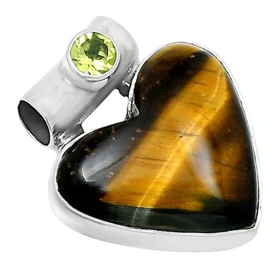 Premium Heart Tiger Eye & Peridot 925 Sterling Silver Pendant Jewelry P-1300