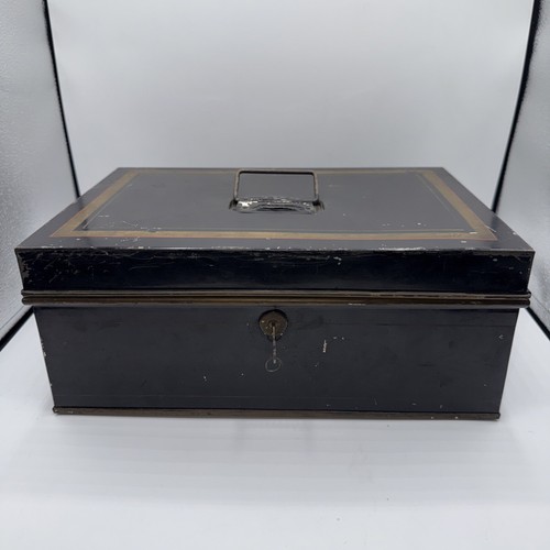 Vintage Document Box Black Metal Cash Box With Key - Picture 2 of 7