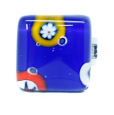 Murano Glass Ring Blue Multi Millefiori Square From Venice 15mm x 15mm Art