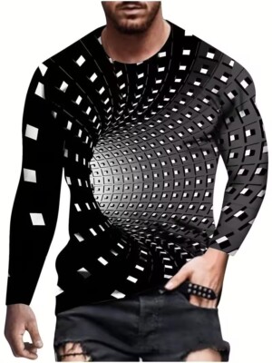 Men's T-Shirt 3D Spiral Black White Optical Illusion Long Sleeve Tee Shirt Silky