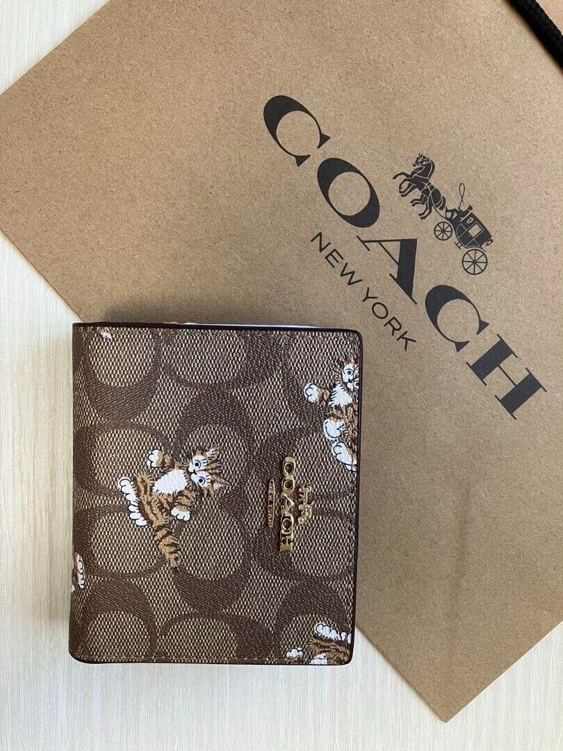 COACH Snap Wallet In Signature Canvas Dancing Kitten Print Khaki