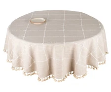 Round Cotton Tassel Tablecloth Checkered Farmhouse Style  Machine Washable 63″