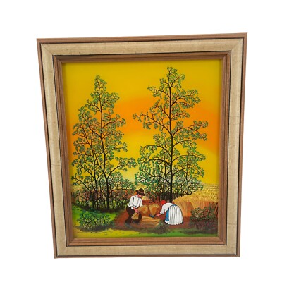 Vintage 11x13 Reverse Hand Painted Glass Signed ''Mimic'' 1985 German Country