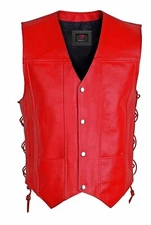 Men`s Motorcycle Biker Red Club Vest Genuine Cowhide Leather Concealed Carry