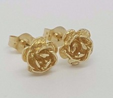 14k Solid Yellow Gold Rose Flower Stud Earrings Push Back 7 MM