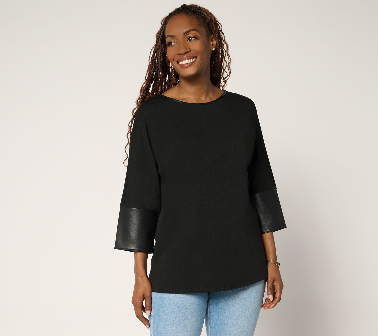 Belle by Kim Gravel Women's Top Sz L TripleLuxe Knit Faux Leather Black A698186
