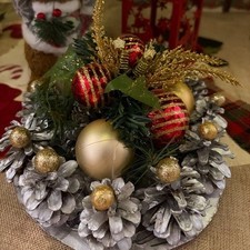 Silver Pinecone Christmas Centerpiece Red Gold Holiday Table Decor 8.5" Diameter