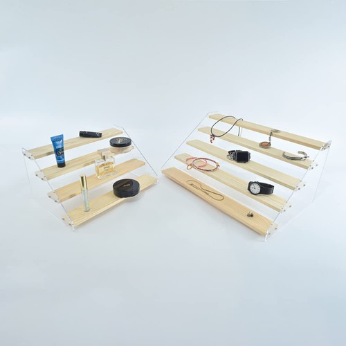 2 Pack 4 Tier Acrylic Display Stand for Figures Wooden Risers Display Case fo... - Bild 7 von 7