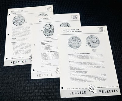 Lot Of 3 VTG Hamilton Manual Watch Service Bulletins 219, 222, & 223