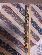 Vtg 10 Brass Colored Sleigh Bells On 24" Dark Green Leather Strap