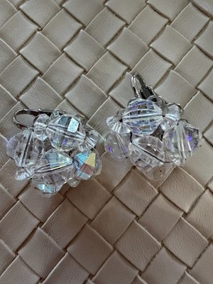 Vintage Laguna Aurora Borealis Crystal Cluster Clip Earrings Swarovski AB Beads