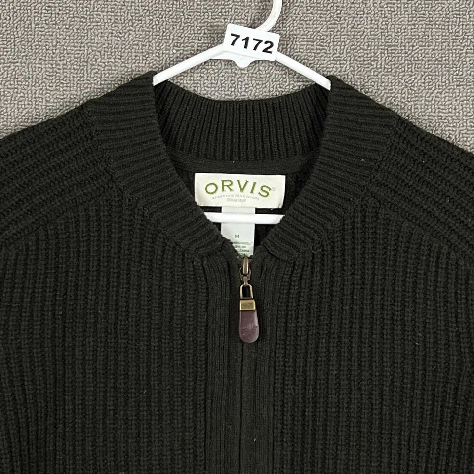 Orvis Sweater Mens Medium Dark Brown Full Zip Ribbed Lambswool Mock Neck Knit - Image 2 of 4