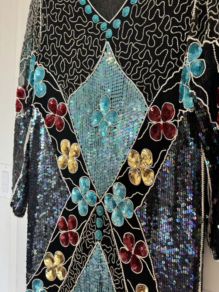 Stunning Beaded Sequin 100% Silk Party Dress 80s Black Flapper Sz Large - Image 3 of 4