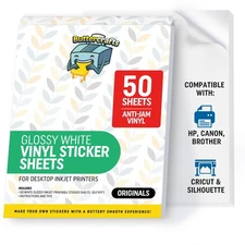 Printable Vinyl - Sticker Paper for Inkjet Printer (Glossy, 50 Sheets, 8.5" x...