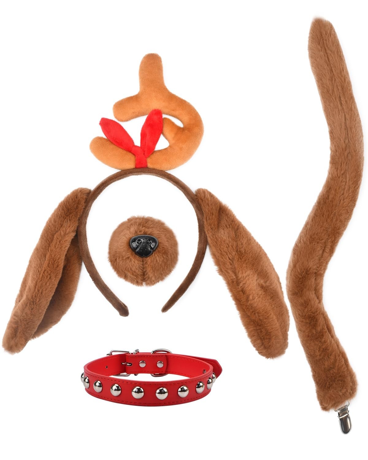 Orejas y cola de perro con asta talla única 4 piezas, marrón con cuello