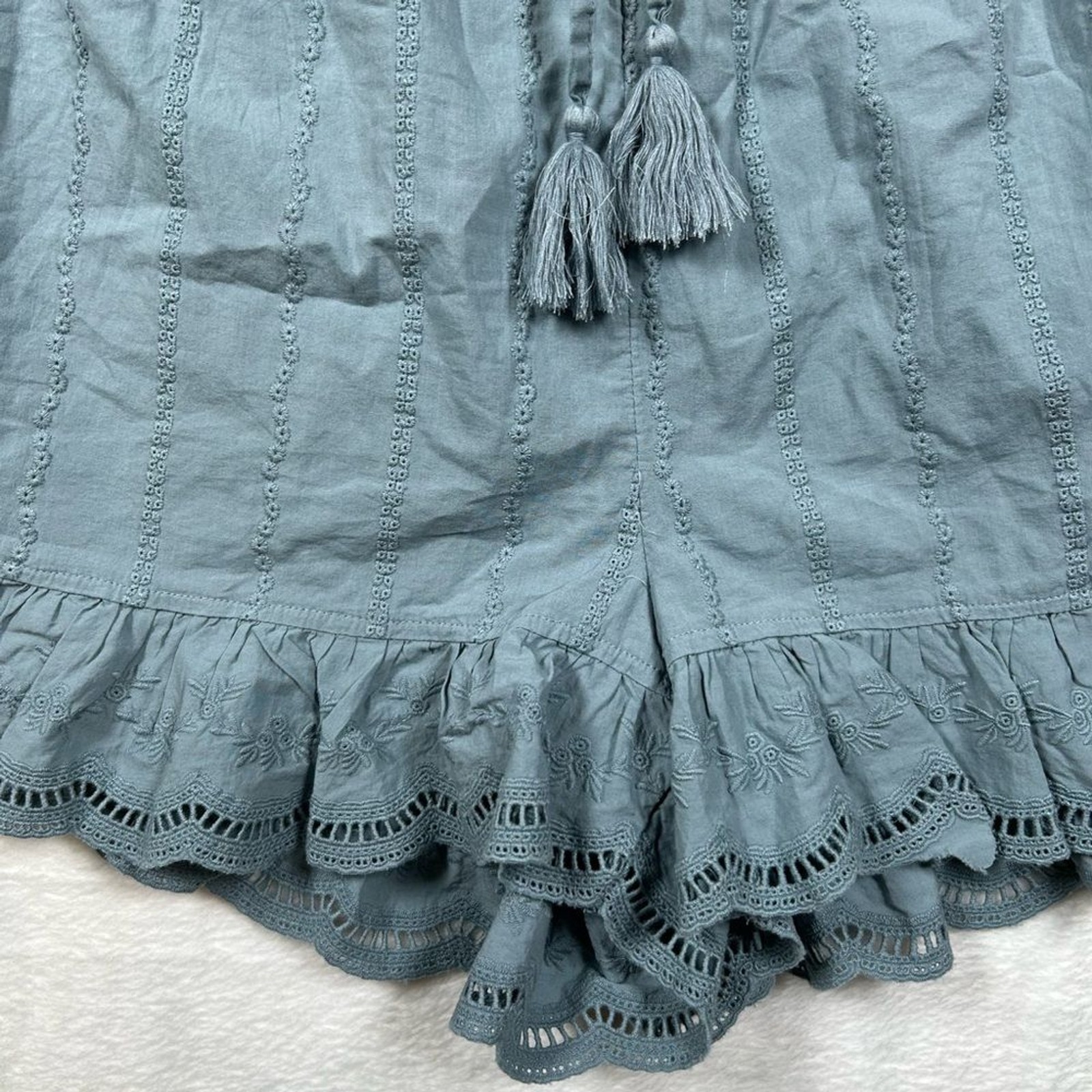 Shabby Chic Dusty Blue Pajama Shorts Size Large Eyelet Embroidered Drawstring