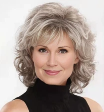 Short Fluffy Wavy Curly Silvery Gray Black Mix Synthetic Hair Wigs Women Soft