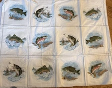 Fish Panel Cranston Cotton Fabric Trout Salmon Bass -Vintage 12 Blocks
