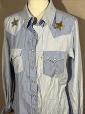 Levis Western Pearl Snap Shirt Long Sleeve Star Cowgirl Blue Womens Sz M