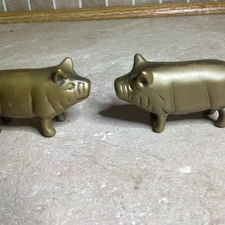 2- Vintage Solid Brass Pig Paperweights - Natural Patina - Pig Figurine-3” Long