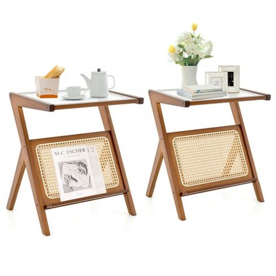2PCS Rattan Side Table Bamboo Accent Bedside Table w/Tempered Glass Top Walnut